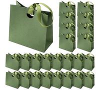 Gilprop 25 Pcs Green Wedding Mini Gift Bags with Ribbon Handle Thick Texture Paper Bridal Shower Wedding Welcome Bag for Xmas Valentine's Day Housewarming Holiday Birthday Party 6'' x 5.7'' x 3''