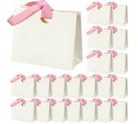 Gilprop 25 Pcs Wedding Mini Gift Bags with Ribbon Handle Bulk Thick Texture Paper Bridal Shower Wedding Welcome Bag for Housewarming Holiday Birthday Party (White Pink)