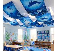 Gilprop 3 Pcs Ocean World Ceiling Decorations, 2 x 12 Ft Underwater Theme Hanging Fabric, Sea Creature Party Supplies for Birthday Baby Shower Classroom Photo Backdrop & Event Decor