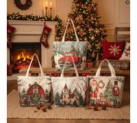 Gilprop 4 Pcs Christmas Canvas Tote Bags Vintage Xmas Truck Santa Claus Nutcracker Grocery Shopping Bags Reusable Xmas Gift Goodie Pouches for Merry Christmas Winter Holiday Gifts Wrapping Storage