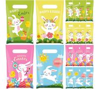 Gilprop 48 Pcs Easter Gift Bags with Handles Plastic Happy Easter Eggs Bunny Goodie Bags Bulk Pastel Rabbit Treat Pouches for Spring Activity Party Favors Supplies
