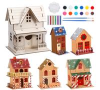 Gilprop 5 Pcs Christmas Wooden House Kit with Brush Dye Unfinished Wooden Christmas Village to Paint Mini Houses for Crafts Unfinished Wood House Sets for Christmas Table Centerpieces Home Decor