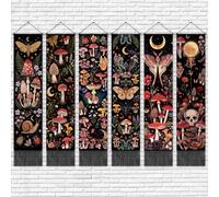 Gilprop 6 Pcs Vintage Tapestry 51.2 x 12.8 Inch Retro Mushroom Long Vertical Wall Hanging Decoration with Tassels Gothic Moon Botanical Tassel Tapestry for Aesthetic Alt Room Bedroom Home Decor Gifts