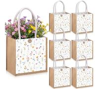 Gilprop 6 Pcs Watercolor Wildflowers Gift Bag Mini Floral Burlap Tote with Handle Button 7.9 x 7.9 x 4.3 Inches Double Sided Printed Reusable Bags for Wedding Baby Shower Family Holiday Travel