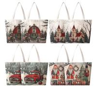 Gilprop 8 Pcs Christmas Canvas Tote Bags Vintage Xmas Truck Santa Claus Nutcracker Grocery Shopping Bags Reusable Xmas Gift Goodie Pouches for Merry Christmas Winter Holiday Gifts Wrapping Storage