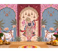 Gilprop 9 x 6 ft Indian Pichwai Backdrop Traditional Shrinathji Cows Lotus Backdrop Decor Indian Pooja Props Banner for Navratri Festival Ganesh Chaturthi Mehndi Wedding Seemantham Decoration