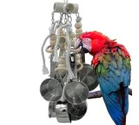 GILYGI Durable Stainless Steel Pots & Wooden Beads Parrot Toys - Pullable 8 Metallic Cups & 8 Natural Dye-Free Rings for Large & Extra Large Parrots Macaws Amazons African Greys Cockatoos Eclectus