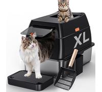 Gimars Stainless Steel Cat Litter Box with Lid, Enclosed Removable Metal Litter Box with High Sided Enclosure & Scoop, Black, B