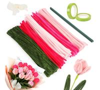Gimars 300 PCS Pipe Cleaners for Craft, 5 Color Pipe Cleaner with Flower Wire, Florist Tape, Bow Tape and Gift Paper for Bouquet DIY Crafting and Decorating (Pink/Red/Green)
