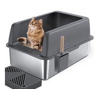 Gimars Stainless Steel Cat Litter Box with Cat Litter Pedal, Dark Gray, A