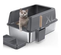 Gimars Stainless Steel Cat Litter Box with Cat Litter Pedal, Dark Gray, A