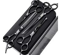 Gimars 7.0in 4CR Stainless Steel Safety Round Tip 6 in 1 Professional Dog Grooming Scissors Kit, Heavy Duty Titanium Coated Straight & Thinning & Curved Shears & Comb Set for Dog & Cat Grooming