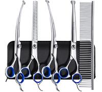 Gimars 7.0in Professional 4CR Stainless Steel Safety Round Tip 6 in 1 Professional Dog Grooming Scissors Heavy Duty Titanium Coated Pet Grooming Scissor for Dogs, Cats and Other Animals