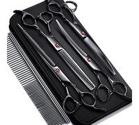 Gimars 7.0in Stainless Steel 6 in 1 Professional Dog Grooming Scissors Kit, Heavy 4CR Titanium Coated Straight & Thinning & Curved Shears & Comb Set for Dog & Cat Grooming