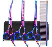 Gimars Dog Grooming Scissors Kit Professional 4CR with Safety Round Tip, 5 in 1 Heavy Duty Titanium Coated Thinning & Curved & Straight Shears
