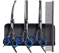 Gimars Dog Grooming Scissors Kit Professional 4CR with Safety Round Tip, 5 in 1 Heavy Duty Titanium Coated Thinning & Curved & Straight Shears Black