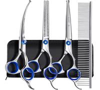 Gimars Heavy Duty Stainless Steel Titanium Coated Pet Grooming Scissors Set - Thinning, Straight, Curved Shears with Combs - Perfect Trimming Kit for Long & Short Hair, Coat, Fur for All Dog and Cat