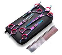 Gimars Professional 4CR Stainless Steel 6 in 1 Grooming Scissors for Dogs with Safety Round Tip, Heavy Duty Titanium Coated Pet Grooming Scissor for Dogs, Cats and Other Animals