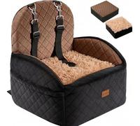 Gimars Reversible Dog Car Seat with Long & Short Plush for Small/Medium Dogs Up to 16kg, Detachable Washable Anti-Slip Dog Booster Car Seat with 15cm 28D Egg-Crate Foam, Safety Belt, S-Brown