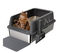Gimars Stainless Steel Cat Litter Box with Cat Litter mat, Dark Gray, A