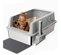 Gimars Stainless Steel Cat Litter Tray 35L High Sided Cat Litter Box with ABS Lid, 58x38x26cm Anti-Spillage & Odor Control - Metal Litter Tray for All Cats & Kittens, with Scoop & Mat