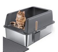 Gimars Stainless Steel Cat Litter Tray 36L High Sided Cat Litter Box with ABS Lid, Anti-Spillage & Odor Control - Metal Litter Tray for All Cats & Kittens, with Scoop & Mat, 60x40x31cm