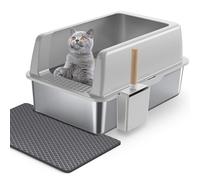 Gimars Stainless Steel Cat Litter Tray 36L High Sided Cat Litter Box with ABS Lid, Anti-Spillage & Odor Control - Metal Litter Tray for All Cats & Kittens, with Scoop & Mat, 60x40x31cm