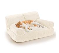 Gimars Upgrade Large Cat Couch Bed-Added 10% More Stuff Sponge, Orthopedic Pet Beds with Bolstered Edges, Fluffy Washable Cat Beds for Indoor with Removable Cover, Anti Slip Base,Milk White Color