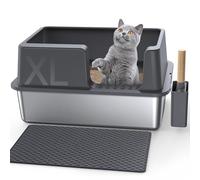 Gimars XL Stainless Steel Cat Litter Box 60x40x31cm, Easy to Clean & No Odour Stainless 28L High Sided Steel Litter Tray, Leak-Proof Cat Litter Trays with Scoop & Pedal