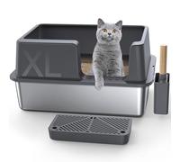 Gimars XL Stainless Steel Cat Litter Box 60x40x31cm, Easy to Clean & No Odour Stainless 28L High Sided Steel Litter Tray, Leak-Proof Cat Litter Trays with Scoop & Pedal