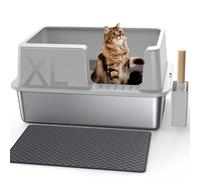 Gimars XL Stainless Steel Cat Litter Box 60x40x31cm, Easy to Clean & No Odour Stainless 28L High Sided Steel Litter Tray, Leak-Proof Cat Litter Trays with Scoop & Mat