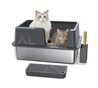 Gimars Stainless Steel Cat Litter Box with Cat Litter Pedal, Dark Gray, C