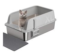 Gimars Stainless Steel Cat Litter Box with Cat Litter mat, Light Gray, B