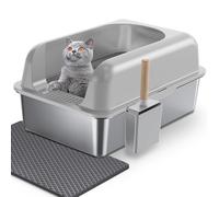 Gimars Stainless Steel Cat Litter Box with Cat Litter mat, Light Gray, B