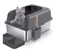 Gimars Stainless Steel Cat Litter Box with Cat Litter Pedal, Dark Gray, B