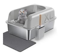 Gimars Stainless Steel Cat Litter Box with Cat Litter mat, Light Gray, B