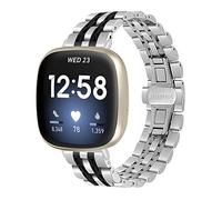 Gimartuk Compatible with Fitbit Versa 3/Fit bit Sense Strap for Women Men, Solid Stainless Steel Versa 3 Band Replacement Strap Wristband Metal Band Bracelet for Sense Small Large (Silver+Black)