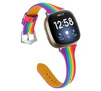 Gimartuk Leather Strap Compatible for Fitbit Versa 3/Fit bit Sense, Women Men Slim Genuine Leather Sport Band Replacement Watch Strap Wristband for Versa 3 Fitness Smart Watch Small Large (Rainbow)