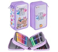 gimboo School Pencil Case with Accessories/Large Capacity Pencil Case/with 3 Compartments/Pencil Pouch/Design - KAPIBARA/Color: Pink/for Children, Boys, and Girls