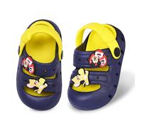 GIMME ! Lightweight EVA Clogs for Kids with Cute Cartoon Charms, Soft Non-Slip Indoor Outdoor Sandals for Boys and Girls, Breathable Quick Drying Toddler Shoes with Back Strap, Navy Yellow 9100, 3-3.5