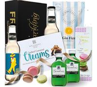 Gin Gift Set - Birthday Gifts for Women, Gin Hamper with 2 x 5cl Gordons Gin, Box of Macarons, Salted Caramel Chocolates, Gin Fizz Gummies, and 2 Bottles of Artisan Lemon Tonic