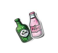 Gin & Tonic Bottle Stickers - Cute Cartoon Style, Cockail Aperitif, Water & UV Resistant, Green & Pink Deco - 7 cm