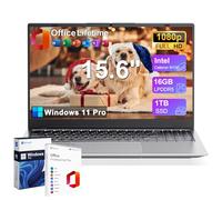 GINA 15 15.6" FHD Laptop Compter, Windows 11 Pro for Students, Intel Quad-Core N100, 16GB DDR5 RAM, 1TB SSD, Free MS Office, Fingerprint, Numeric Keypad, Type-C, HDMI, USB 3.2, 2-Year Warranty