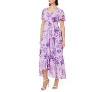Gina Bacconi Long Printed Dress with Surplice Neckline with Short Sleeve, Lilac, 16