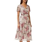 Gina Bacconi Midi Length Printed Surplice Neckline Dress with Ruched Waist and Tiered Skirt., Blush, 12
