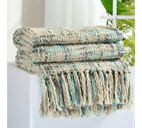 GINAMUSE Multi-Color Blue Grey Cable Knitted Throw Blanket for Couch,50"X60" Boho Style Textured Blankets for Home Decor,Super Soft Warm Cozy Chunky Knit Blanket with Decorative Tassels for Bed