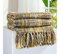 GINAMUSE Multi-Color Gold Cable Knitted Throw Blanket for Couch,50"X60" Boho Style Textured Blankets for Home Decor,Super Soft Warm Cozy Chunky Knit Blanket with Decorative Tassels for Bed and Sofa