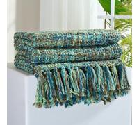 GINAMUSE Multi-Color Green Cable Knitted Throw Blanket for Couch,50"X60" Boho Style Textured Blankets for Home Decor,Super Soft Warm Cozy Chunky Knit Blanket with Decorative Tassels for Bed and Sofa