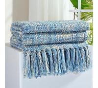 GINAMUSE Multi-Color Light Blue Cable Knitted Throw Blanket for Couch,50"X60" Boho Style Textured Blankets for Home Decor,Super Soft Warm Cozy Chunky Knit Blanket with Decorative Tassels for Bed