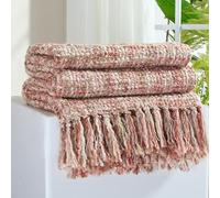 GINAMUSE Multi-Color Light Pink Cable Knitted Throw Blanket for Couch,50"X60" Boho Style Textured Blankets for Home Decor,Super Soft Warm Cozy Chunky Knit Blanket with Decorative Tassels for Bed